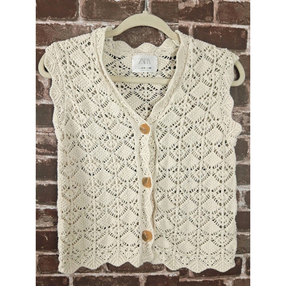 Zara Knitwear Girls Crochet Cardigan Sweater Size 9-10 Cream Boho Cottagecore